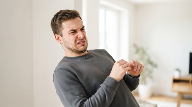 Young man making a disgusted face, recoiling from an unpleasant smell or taste indoors.