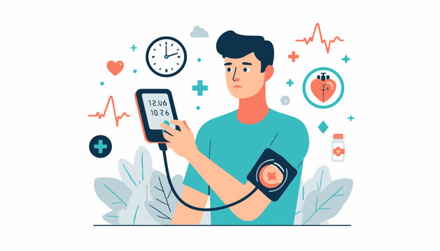 Young man checking arterial blood pressure using electronic cuff monitor.