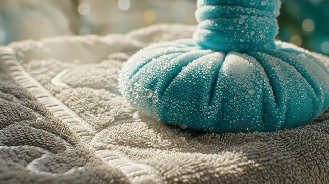 Close-up of a blue ice pack with condensation on a grey towel. Cold compress for medical recovery and pain relief. Healthcare and first aid concept