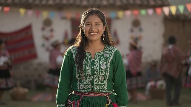 Young indigenous woman smiling in traditional green embroidered clothing