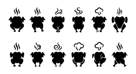 Obraz premium Roasted Chicken Icons Set, Poultry Meal Vector Graphics, Hot Food Symbols Collection