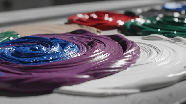 Vibrant paint samples swirled on a surface. Close-up of colorful pigments for art and design projects. Interior renovation and decoration concept