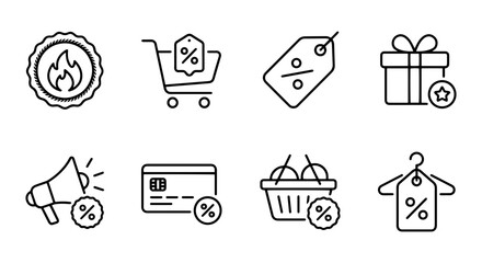 Fototapeta premium Sale Icons: Shopping Cart, Gift, Megaphone, Credit Card, Basket, Hanger, Discount Tags