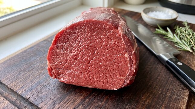 A macro shot of a thick, fresh cut of raw beef meat or roast on a wooden board, showing the vibrant red texture of the muscle.
