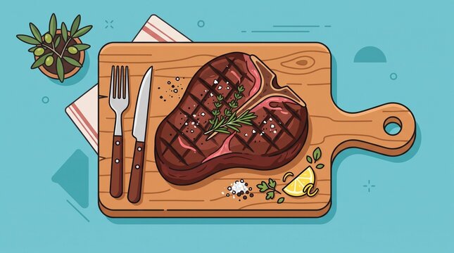 A clean, flat vector illustration of a juicy grilled steak served on a wooden cutting board with a fork, knife, salt, and pepper