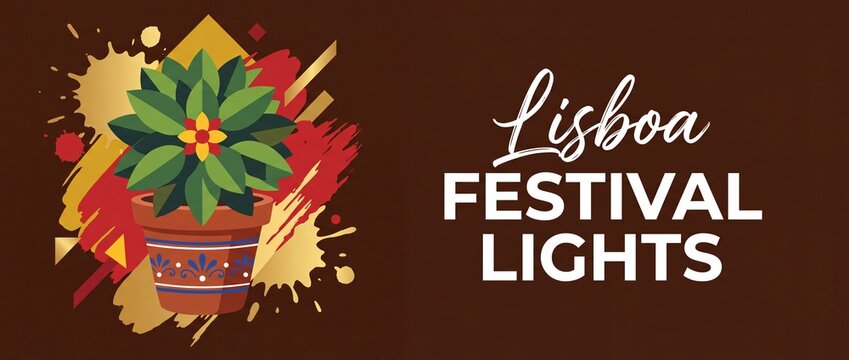Lisbon festival lights plant vector illustration celebrating Portuguese Santos Populares culture with manjerico pot, vibrant paint splash decoration, traditional party background, and typography.