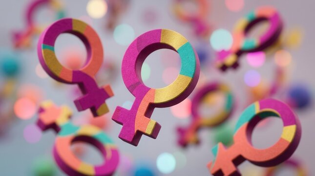 Colorful 3D female gender symbols floating in space representing diversity and identity