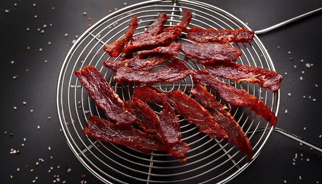 spicy beef jerky strips drying on wire rack
