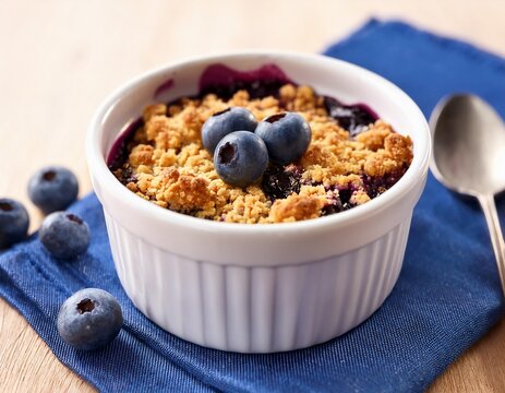 blueberry crumble dessert in white ramekin with spoon