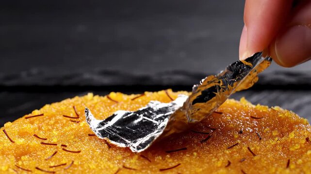 Edible Silver Foil Settling on Saffron Sweet Surface in Macro for Durga Puja Traditional Confectionery Advertising and Luxury Food Packaging