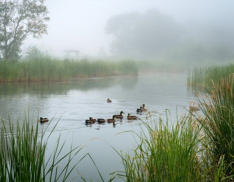 calming view of a pond with swimming ducks on a foggy day with reeds and grass in the foreground