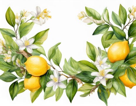watercolor lemon citrus branch border with white blossoms floral
