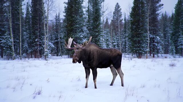 Majestic Moose Standing Calmly in Snowy Forest During Winter with Soft Natural Lighting