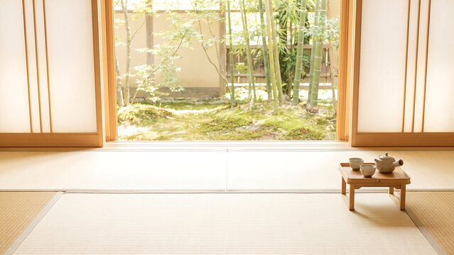 明るい自然光が差す畳の和室で障子越しに竹と苔の坪庭を望み右手に小さな茶台と茶器を配した室内