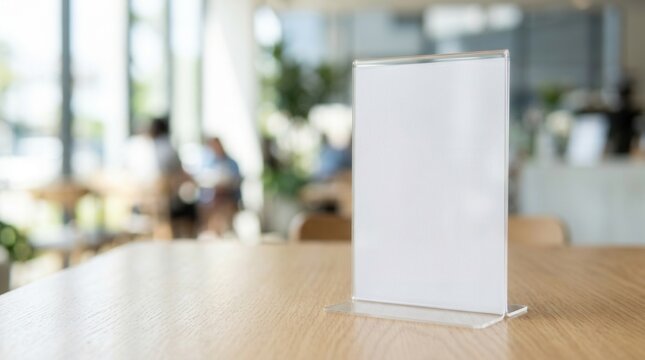Empty white tent card menu stand mockup on a wooden cafe table with blurred background.