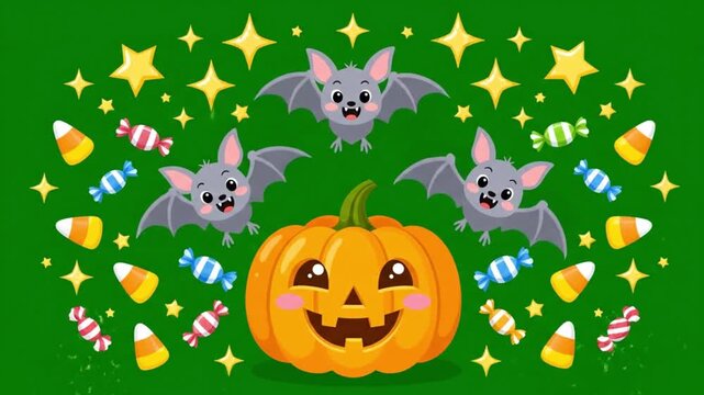 Cute halloween party pumpkin & flying bats 4k green screen loop for halloween.