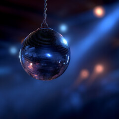 Obraz premium Disco ball hanging in a dimly lit club with blue ambient stage lighting mirror ball nightclub