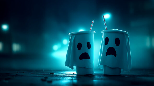 Two paper cups dressed as ghosts with straws at night halloween ghosts spooky drinks