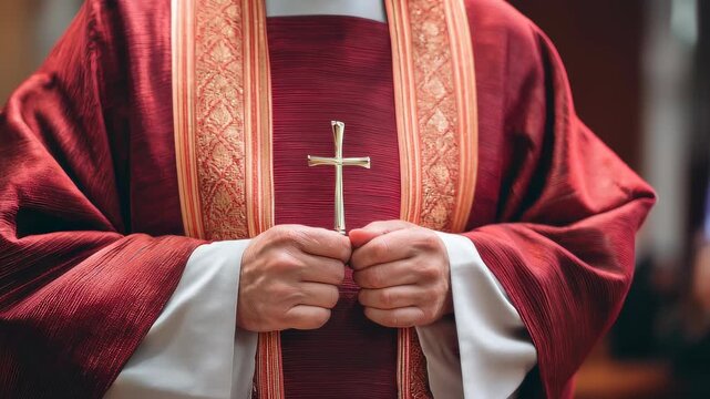 Close-up of priest hands holding a silver cross against red vestments. Religious symbol of faith and devotion. Christian ritual and spirituality concept