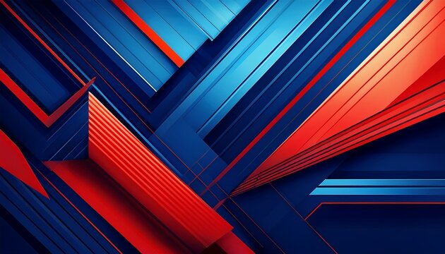 abstract geometric composition with sharp angles deep blues and vibrant red accent lines
