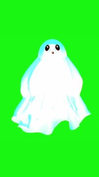 Cute white glowing sheet ghost character with black eyes hovers vertically over a chroma green screen background in a 3D animation