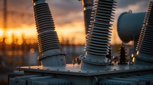 High voltage bushings on an electrical transformer during a warm sunset.