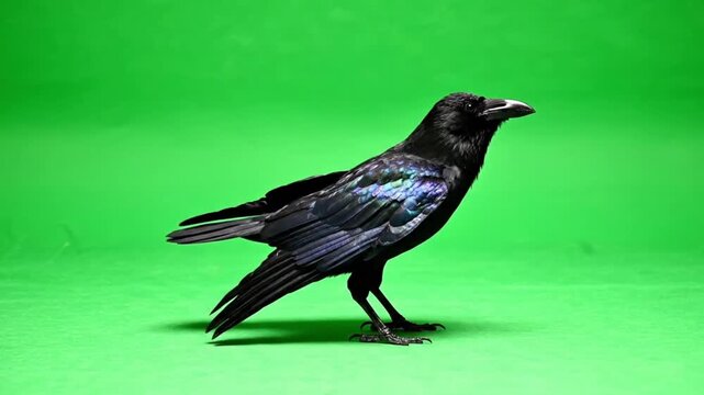 Realistic black crow raven walking 4k green screen studio.