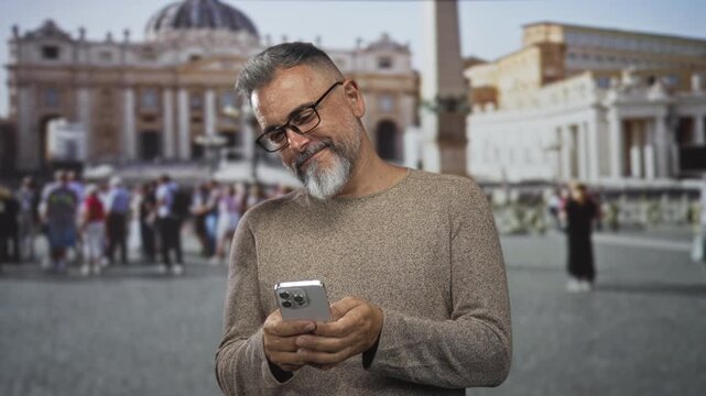 Man holding smartphone and smiling while looking down at the screen in building; serenity travel memory.