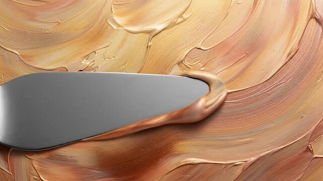 Palette knife mixing thick golden brown cosmetic cream texture