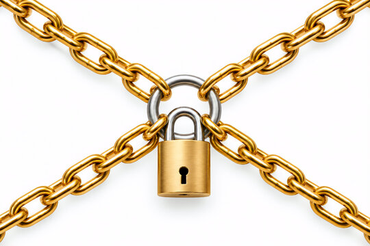 Gold padlock securing crossed gold chains on a clean white background, symbolizing security, protection, privacy, restricted access, and safety.