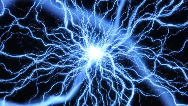 Electric blue lightning bolts radiate outward from a bright central point against a dark background, creating a dynamic and energetic visual effect.