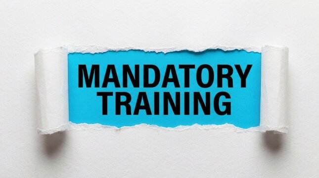 Mandatory training concept words appearing through a torn white paper surface with a bright blue background.