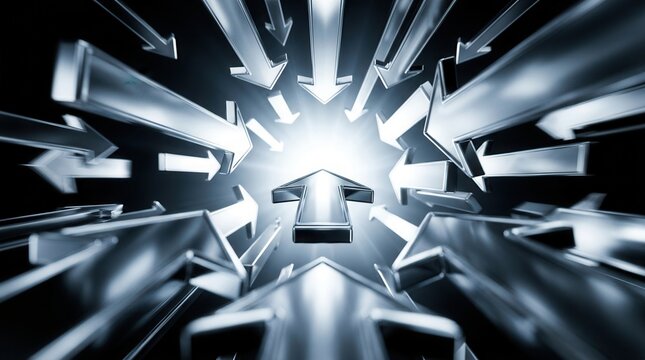 Metallic arrows floating and converging toward a central point for strategic direction.