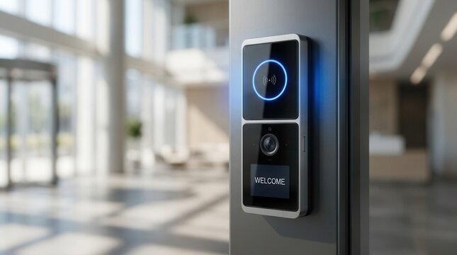 Modern access control panel with RFID reader and camera in a bright office lobby.