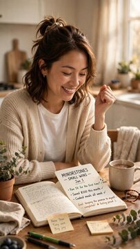 Vertical Warm lifestyle image of a joyful Asian woman celebrating small wins in her journal, tracking New Year's resolutions with coffee in a sunlit home. Concept for mindfulness and goal achievement.
