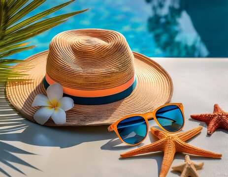 a sunhat vibrant sunglasses starfish and seashells are elegantly placed beside a palm leaf on a reflective pool surface capturing the essence of a beach getaway
