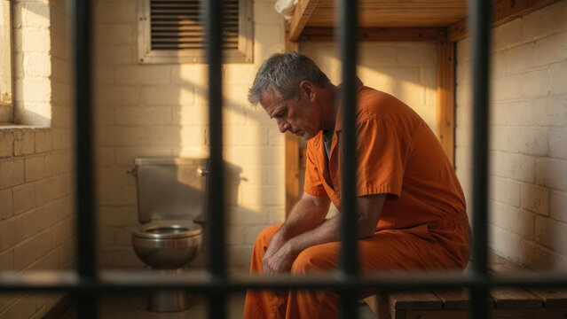 Depressed male prisoner sitting behind bars in prison cell, criminal justice and incarceration