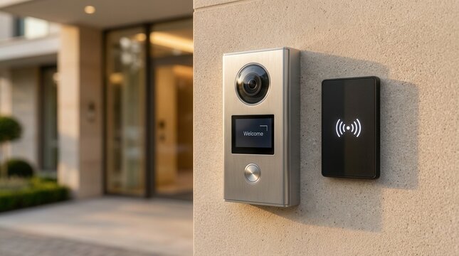 Modern outdoor video intercom and RFID card reader mounted on a building exterior wall.