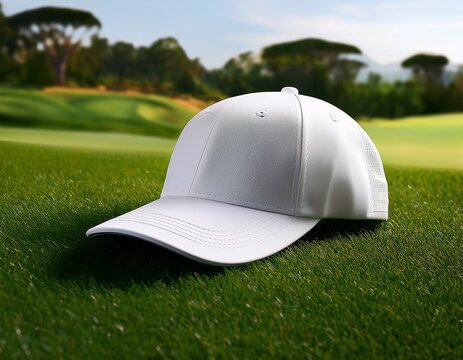 white baseball cap blank mockup on grass golf course outdoors minimalist sporty headwear apparel accessory empty green background hat plain sporty uniform mock up marketing advert isolated plain