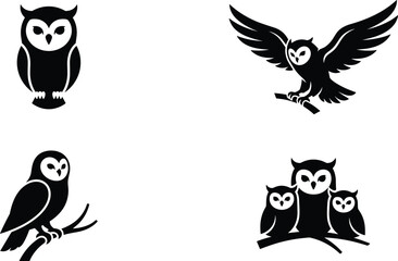 Fototapeta premium Owl Silhouette Vector Set with Flying Perching and Family Owls for Logo and Graphic Design