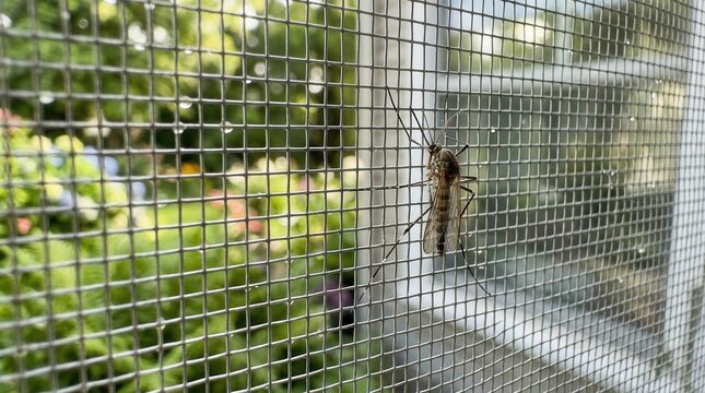 Mosquito sitting on a wire screen window mesh for insect protection.