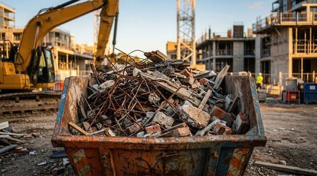 Overflowing construction waste skip bin filled with debris and rebar at a development site.