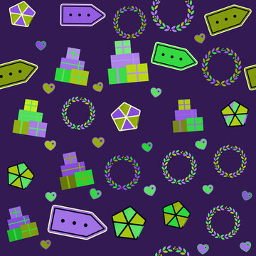 Seamless pattern of gifts, hearts, and geometric shapes