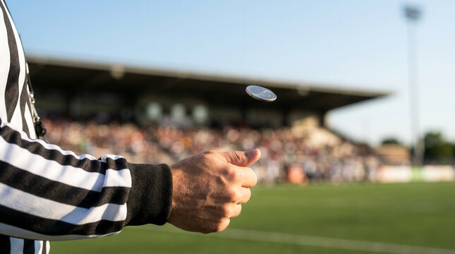 Referee tossing coin on sports stadium field, match start and fair decision