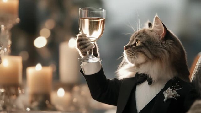 Sophisticated cat in a tuxedo holding a glass of wine at a formal dinner. Anthropomorphic pet at a luxury gala with candle bokeh background. Humorous celebration concept