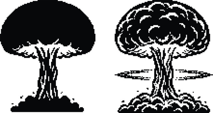 Pixel art mushroom cloud explosion icons set in retro video game style illustration