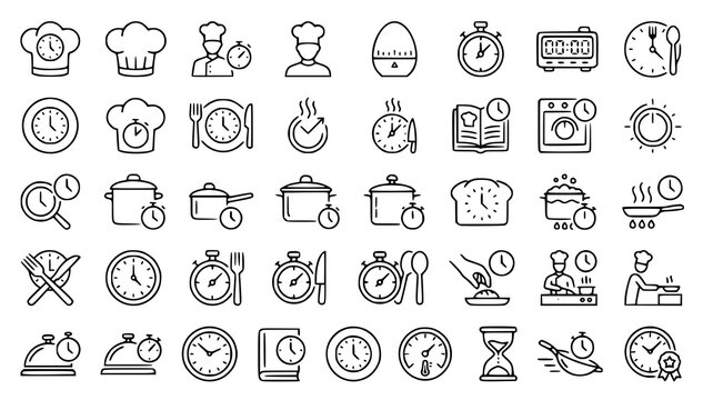 Cooking Time and Kitchen Timer Vector Line Icon Set