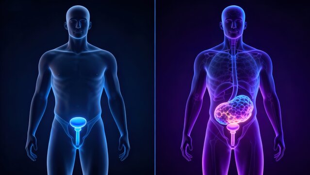 Comparison of healthy prostate and enlarged prostate with urethral compression in dark cinematic medical visualization