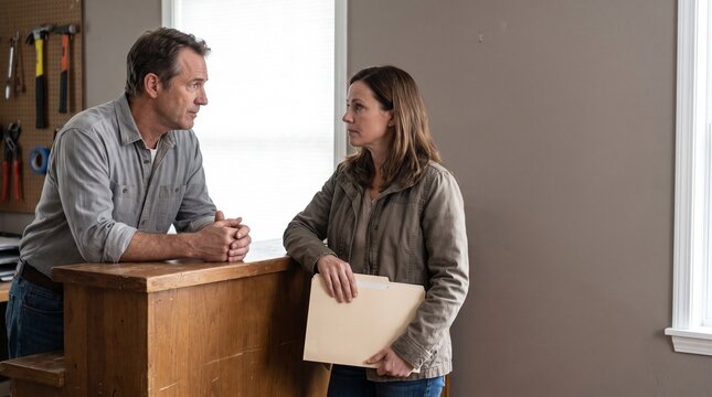 Man and woman discussing a service request at a wooden workshop counter