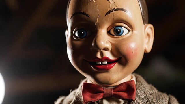 Vintage ventriloquist dummy whispering and gesturing. Creepy antique puppet with blinking eyes and moving mouth. Horror concept